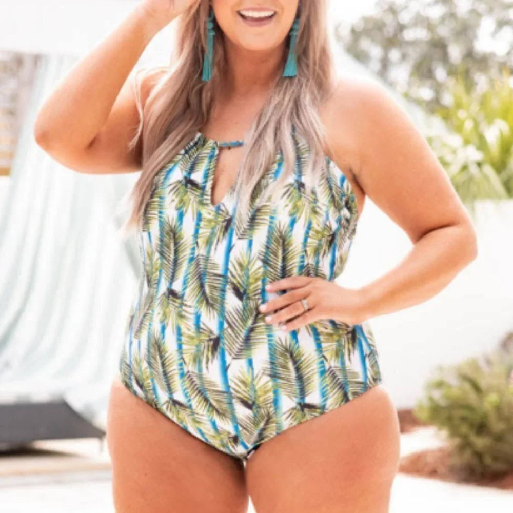 Nicole Miller Palm Tropical One Piece High Neck Swimsuit SZ 2X
